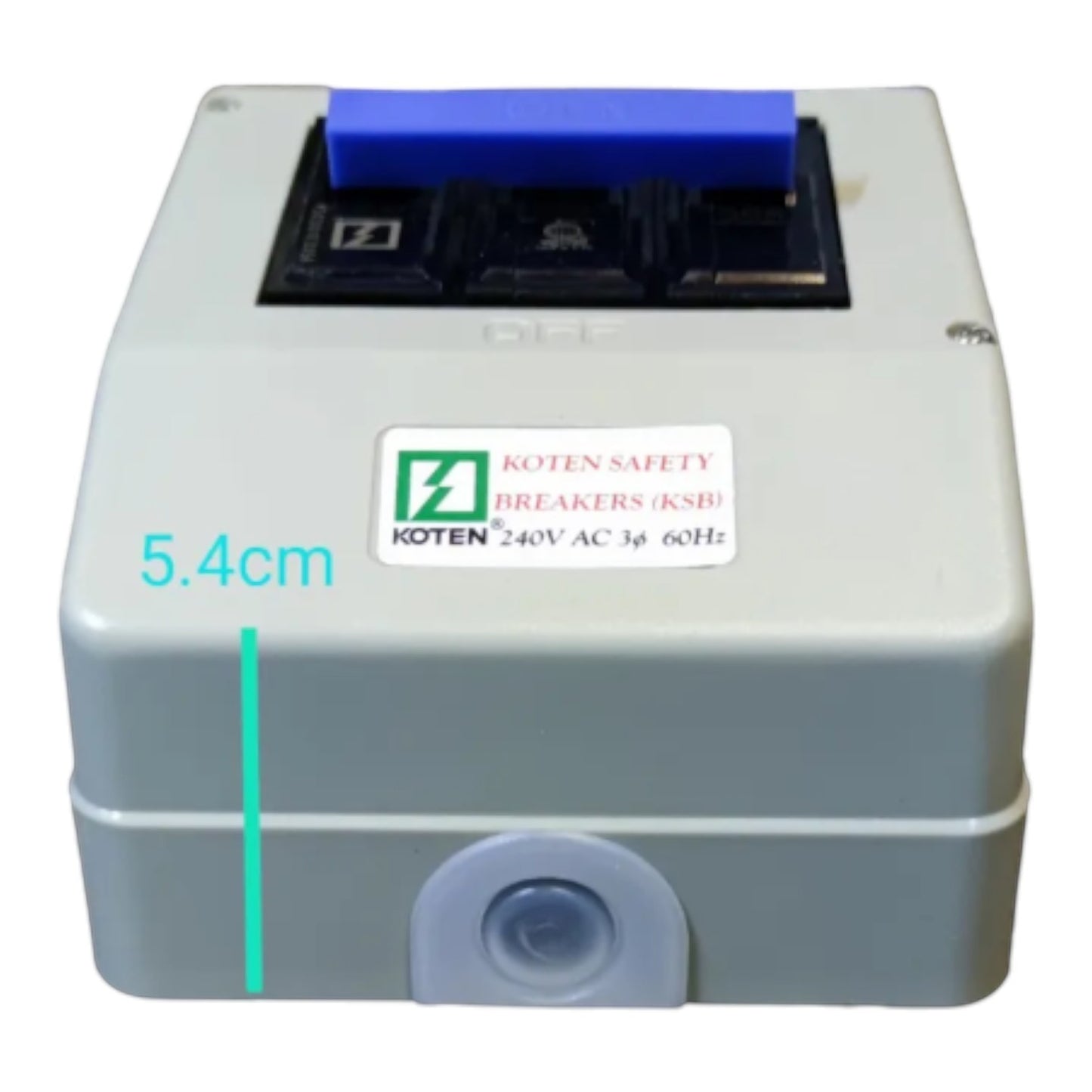 A Koten safety breaker electrical component, 240V AC 3-phase 60Hz, with a light gray plastic housing, a blue handle on top, and a white label on the front. A cyan measurement overlay indicates a height of 5.