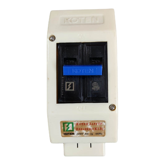 A Koten brand 2-pole AC 240V circuit breaker switch, featuring a white plastic housing, a black internal mechanism visible through a transparent cover, a blue switch handle, and a gold-colored specification label at the bottom.