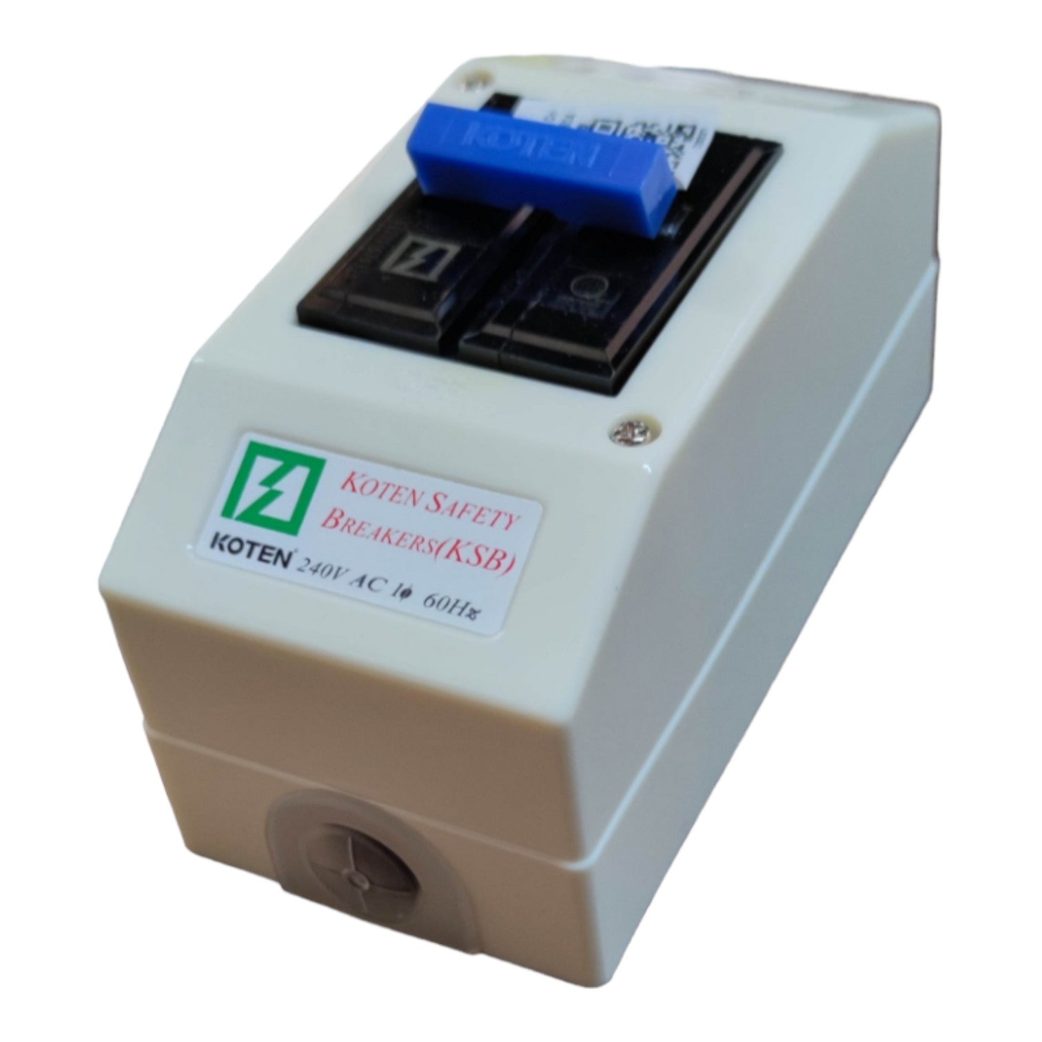 A Koten Safety Breaker (KSB) 240V AC 60Hz electrical switch, featuring a beige plastic housing, a blue manual trip lever, and a white brand label on a clean white background.