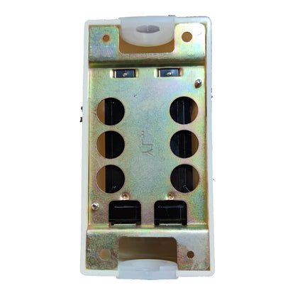 A metal electrical junction box or terminal block with six circular screw holes and black connection points, shown against a plain white background.