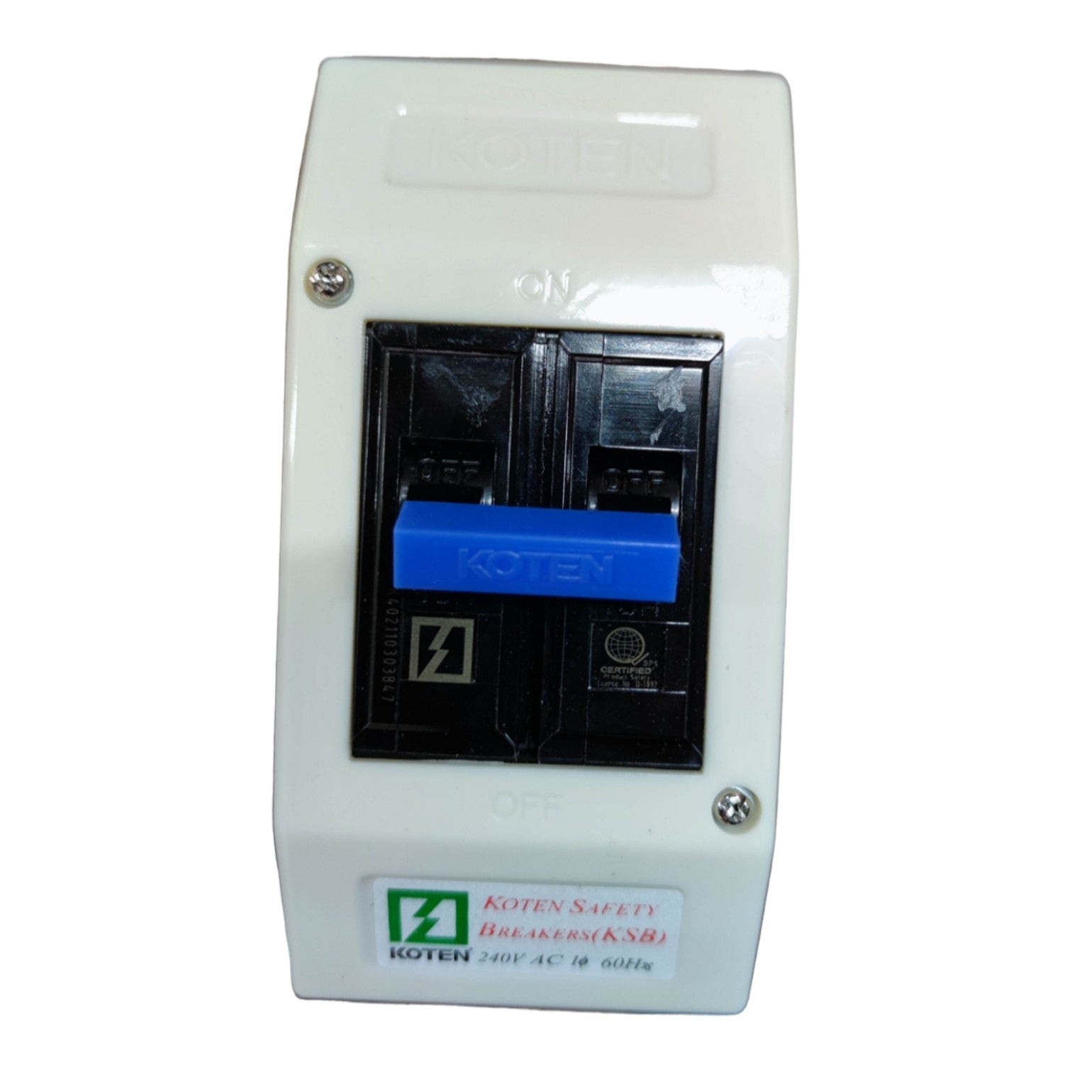 A Koten brand dual 30A AC circuit breaker (NSRB) in a white plastic housing with a black front panel and a prominent blue switch handle.