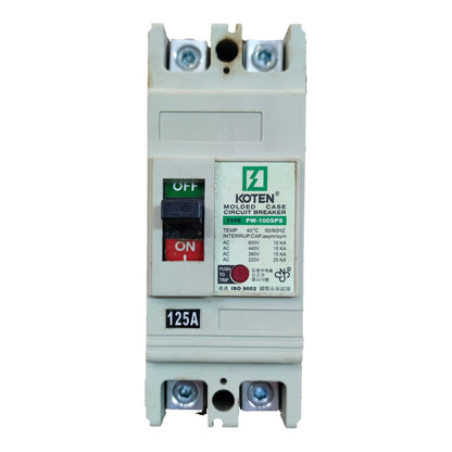 A Koten molded case circuit breaker, model PB-2003A, rated 125A, shown against a plain white background. The unit is primarily white plastic with a black central handle, featuring green and red switch indicators, a white product label, and blue screw terminals at the top and bottom.