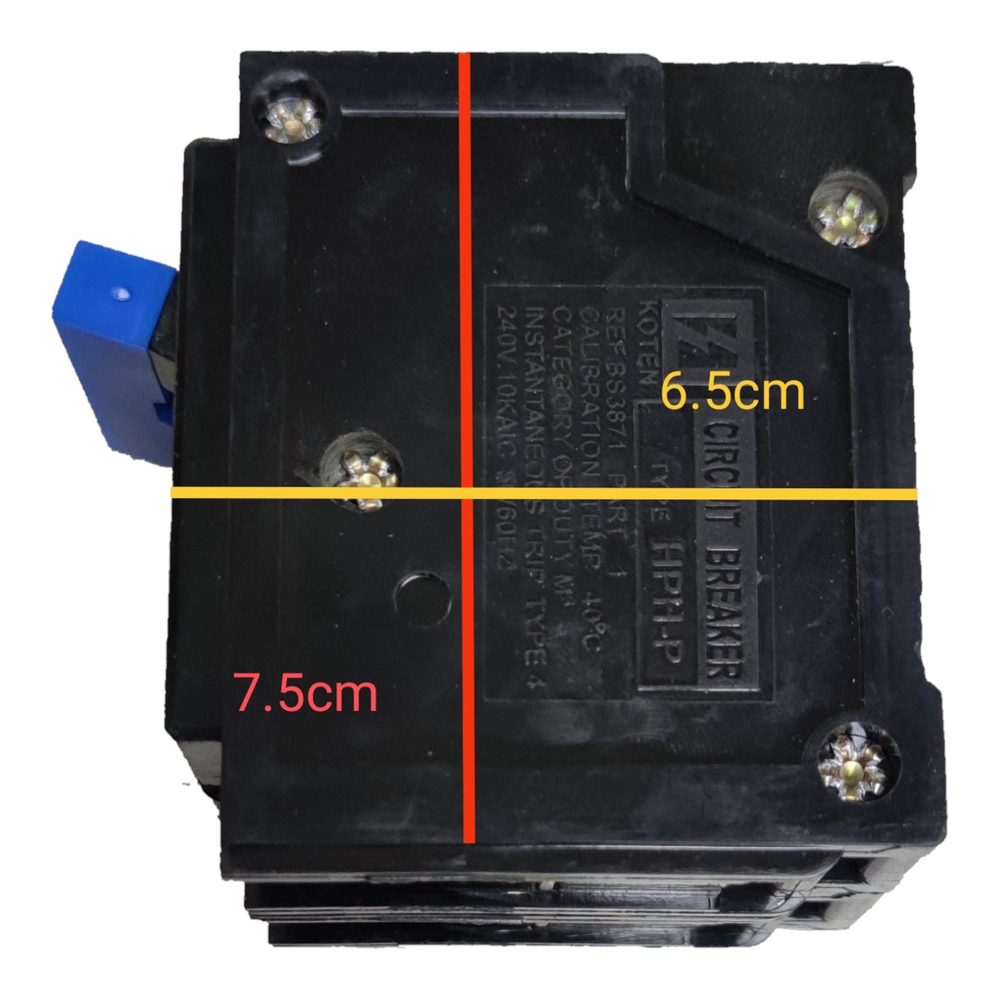 Black electrical breaker box with measurements marked on a white background Koten 15A 2Pole 10 KAIC 220V Circuit Breaker Single Phase Plug In HPH-P15A2P for Safety Overload Easy Installation Electx Electrical Supply