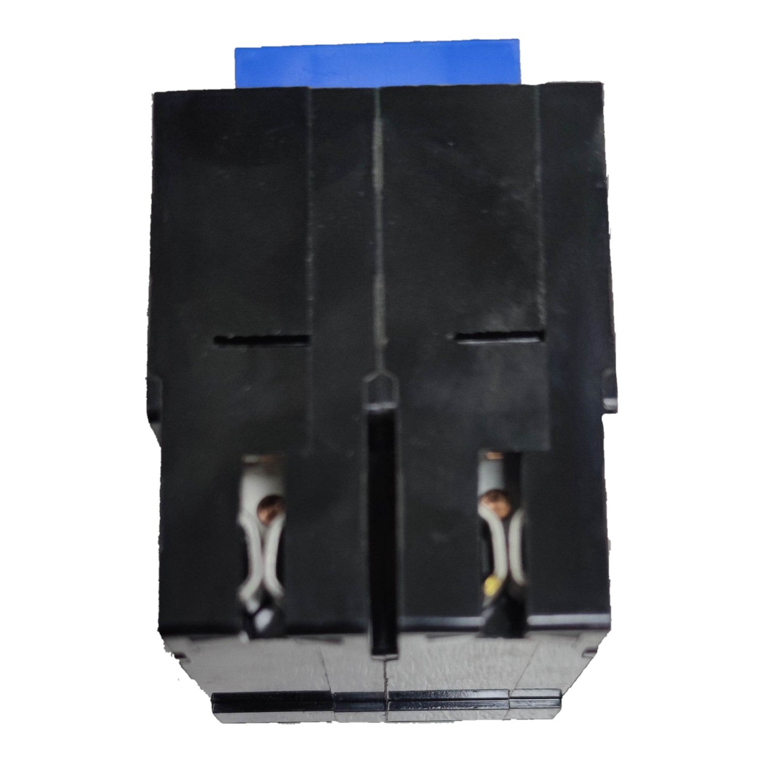 Black plastic component with cutouts and a blue square on a white  Koten 15A 2Pole 10 KAIC 220V Circuit Breaker Single Phase Plug In HPH-P15A2P for Safety Overload Easy Installation Electx Electrical Supplybackground