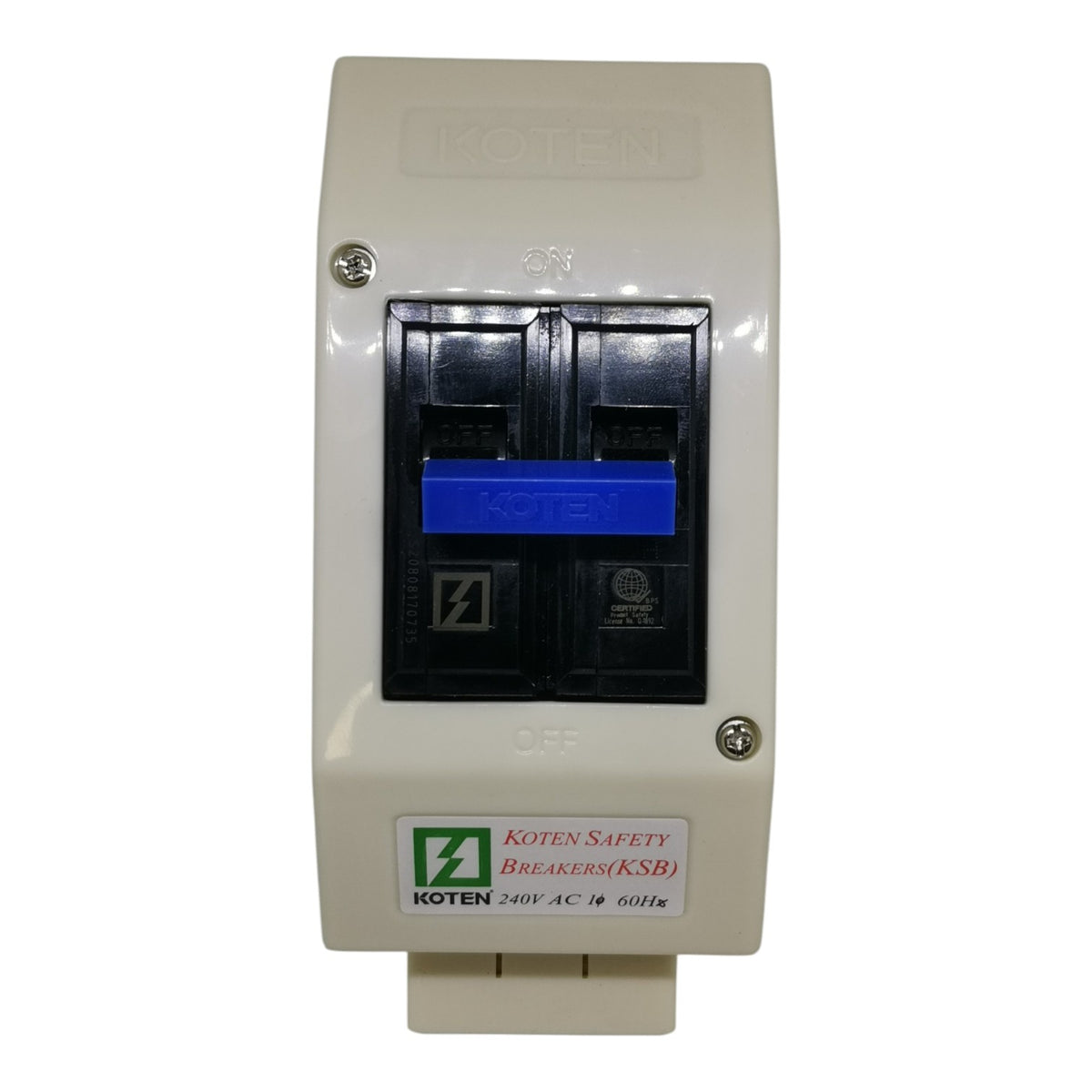 A Koten brand 240V AC 600mA safety breaker (KSB) with a beige plastic housing, black front cover, and a blue central switch handle, shown on a white background.