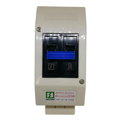 A Koten brand 240V AC 600mA safety breaker (KSB) with a beige plastic housing, black front cover, and a blue central switch handle, shown on a white background.