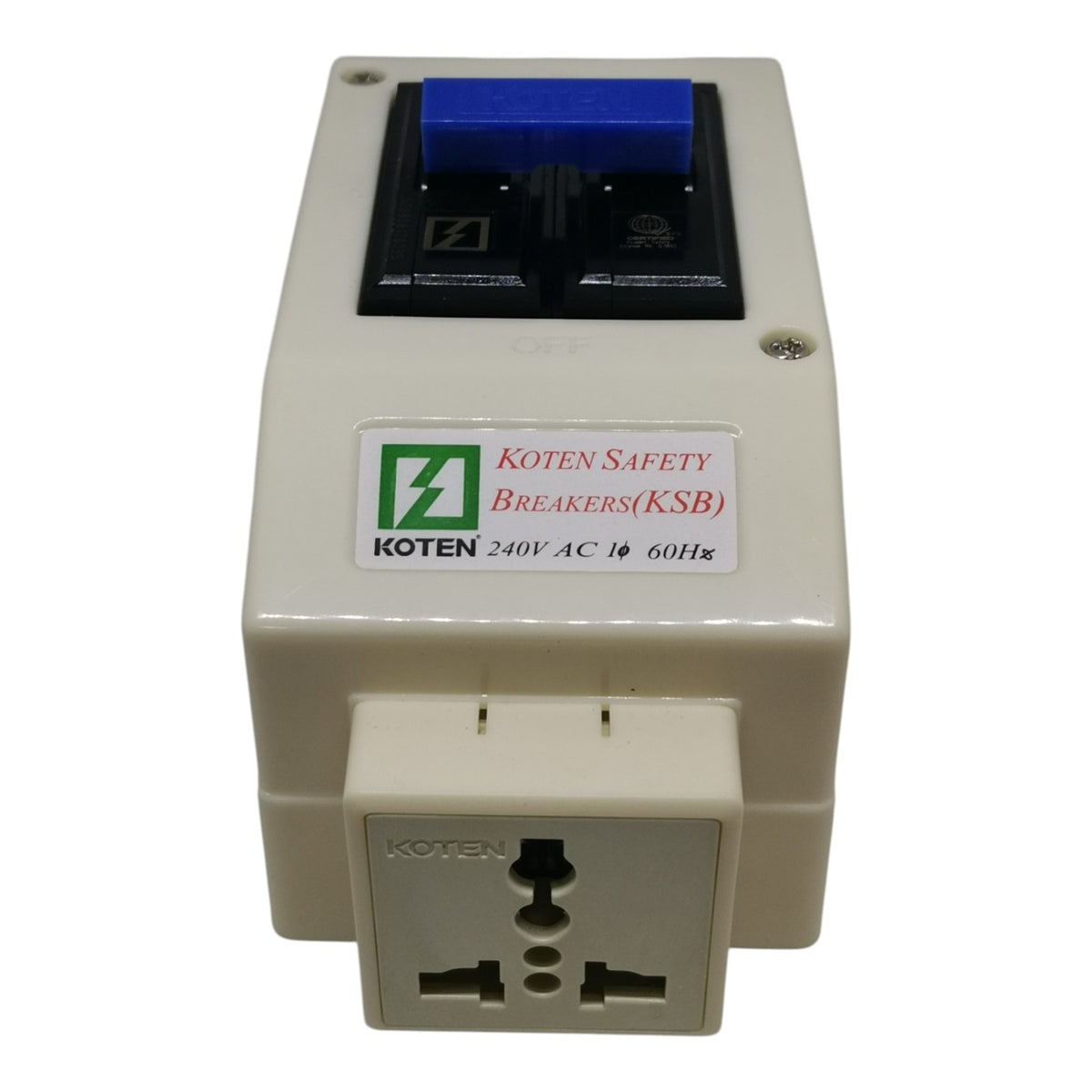 A Koten Safety Breakers (KSB) 240V AC 10A 60Hz electrical outlet module with a beige plastic housing, a blue switch handle, and a white brand label.
