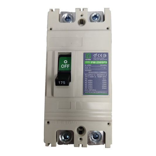 A Koten PW-2500SPS circuit breaker module, model CB-4, featuring a beige plastic housing, a black switch handle with a green 'OFF' indicator, and a blue technical specification label.