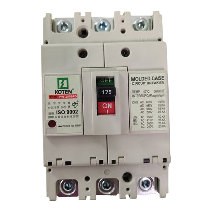Koten 175A 3P Molded Case Circuit Breaker Three Phase MCCB Industrial Circuit Breaker 3 Pole Three Phase Circuit Breakers 25KAIC 250V PW-225SPS175A3P