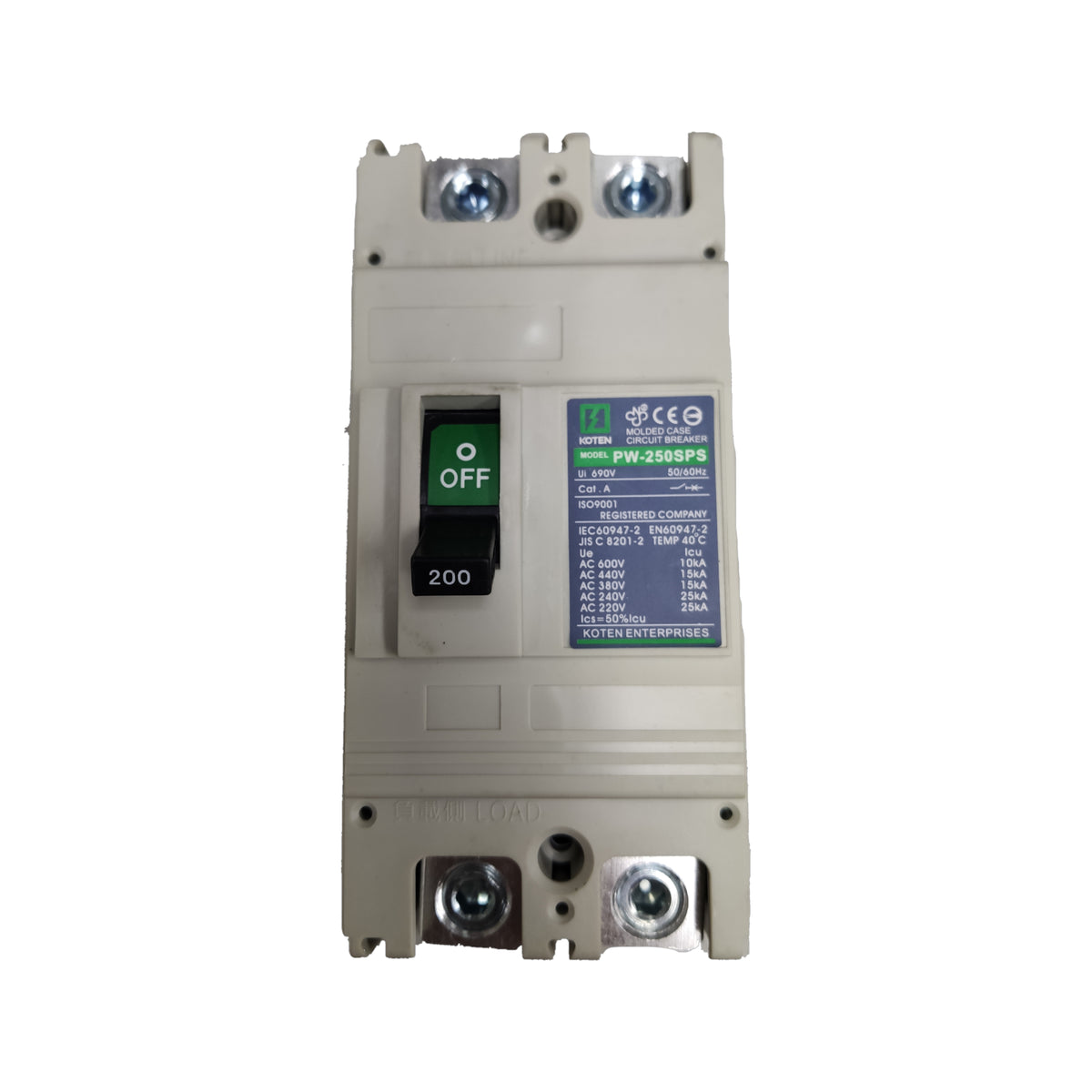 Electrical circuit breaker with labels and certification logos on a white background