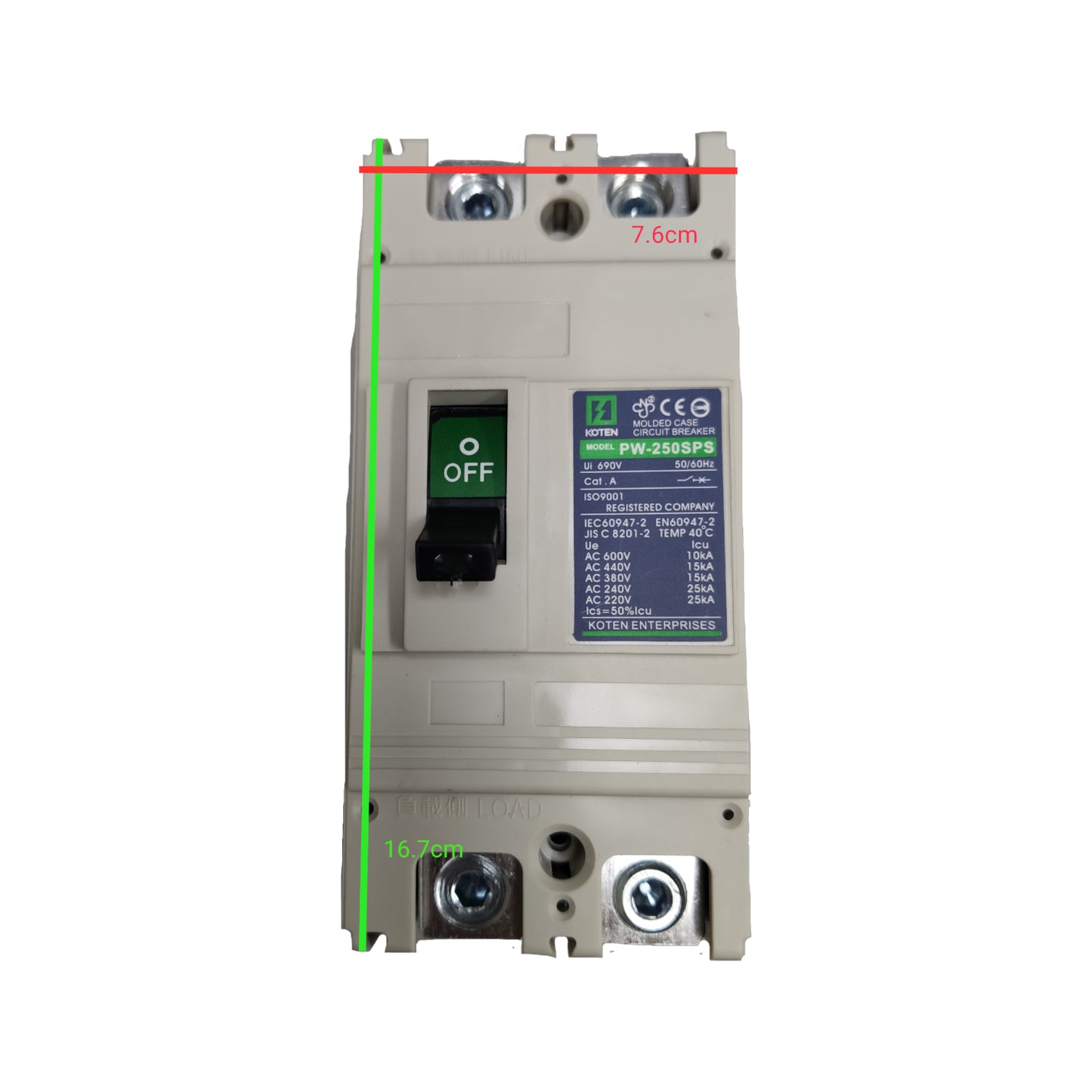 Electrical circuit breaker with dimensions labeled on a white background