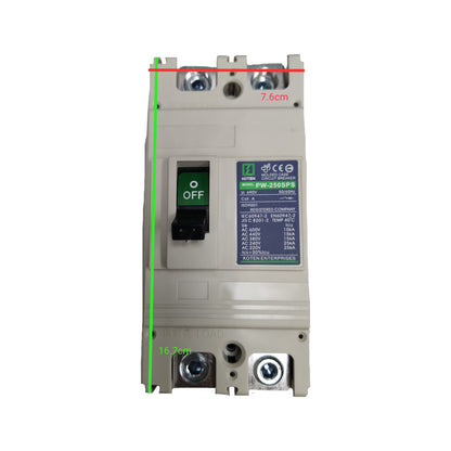 Electrical circuit breaker with dimensions labeled on a white background
