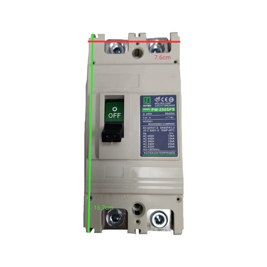Electrical circuit breaker with dimensions labeled on a white background