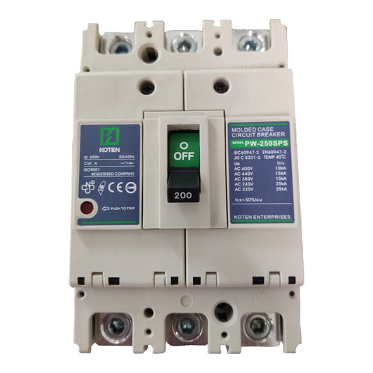A Koten brand molded case circuit breaker, model PW-250F5, shown against a plain white background. The unit is beige with a central green 'OFF' switch and blue technical labels on both sides.