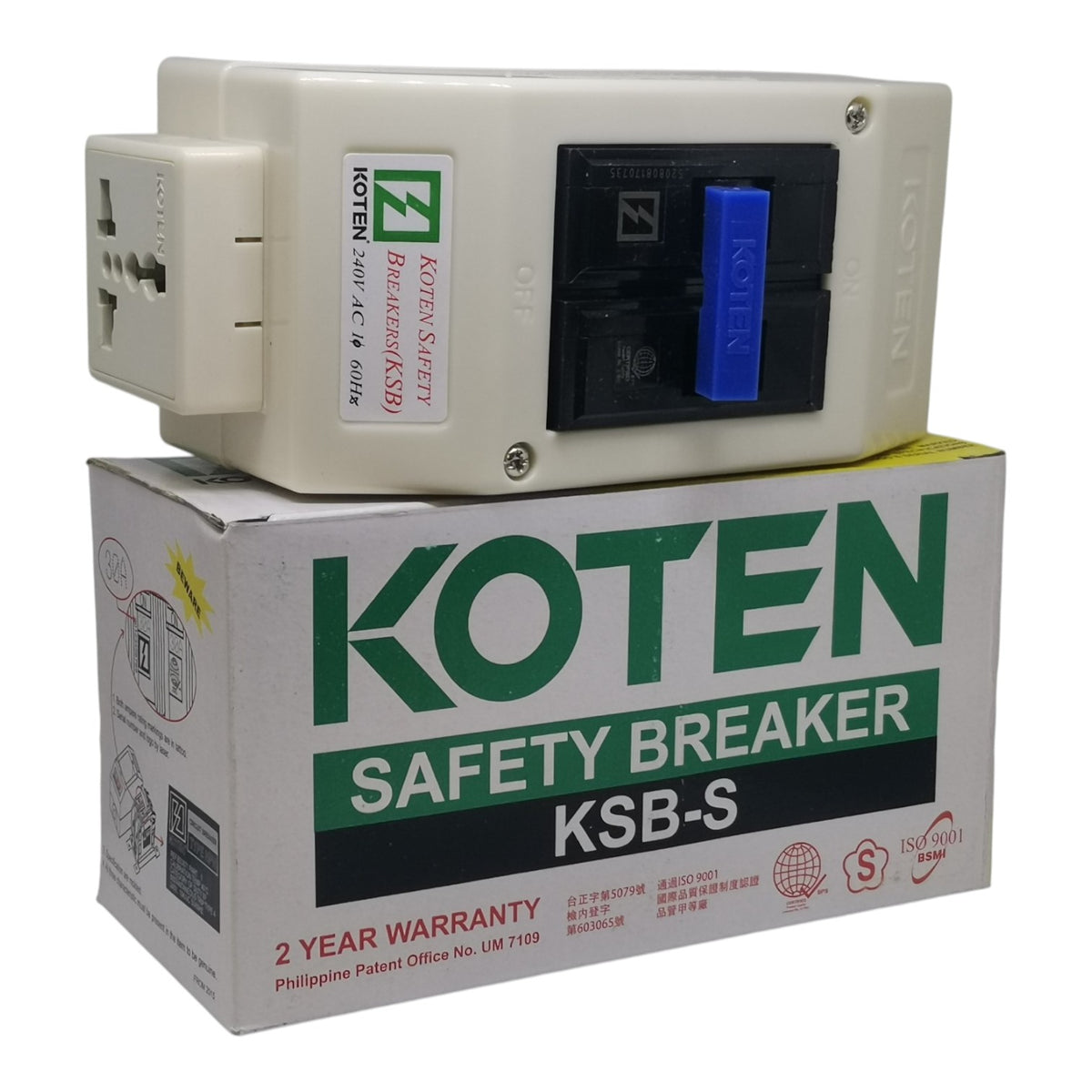 A Koten Safety Breaker KSB-S electrical outlet unit resting on top of its retail box, photographed against a plain white background.