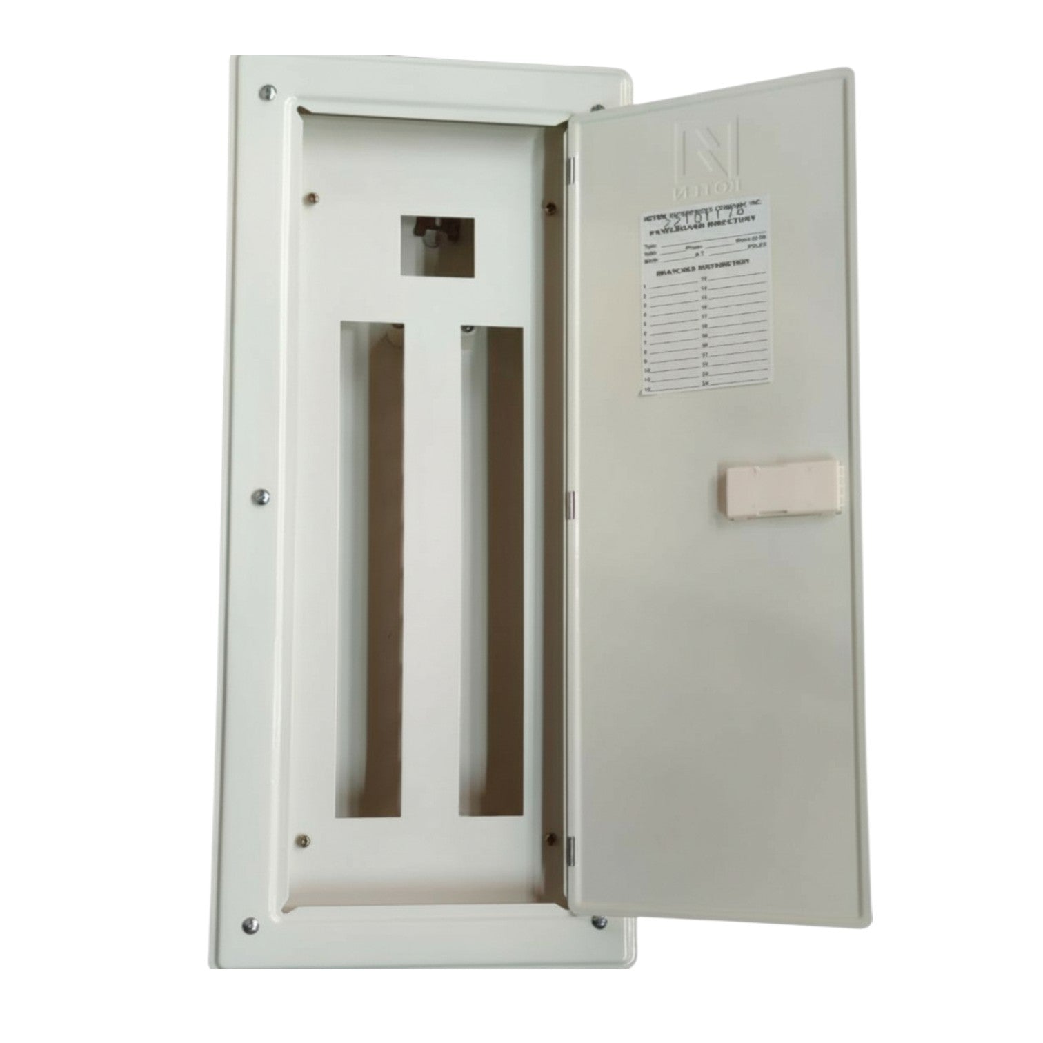 Electrical panel box with open door on a white background Koten 20 Branches Panel Board 2 Pole Main 2 Pole Branches for Miniature Circuit Breaker KTM1-2P20B Flush Mounted Type Metal Base Electx Electrical Supply