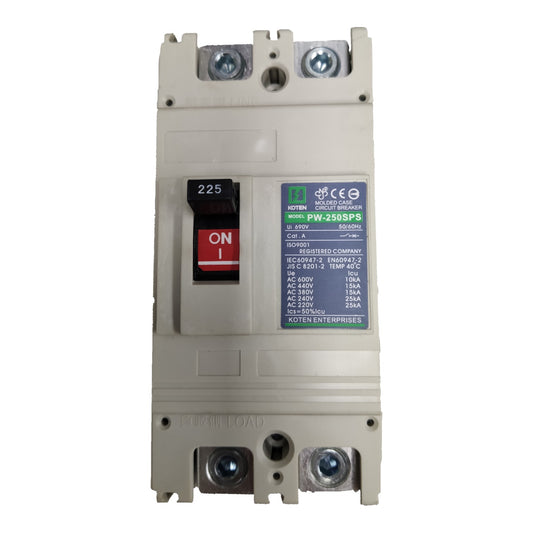 A molded electronic circuit breaker with a beige plastic housing, featuring a red and black ON switch, terminal screws at the top and bottom, and a blue and green technical specification label.