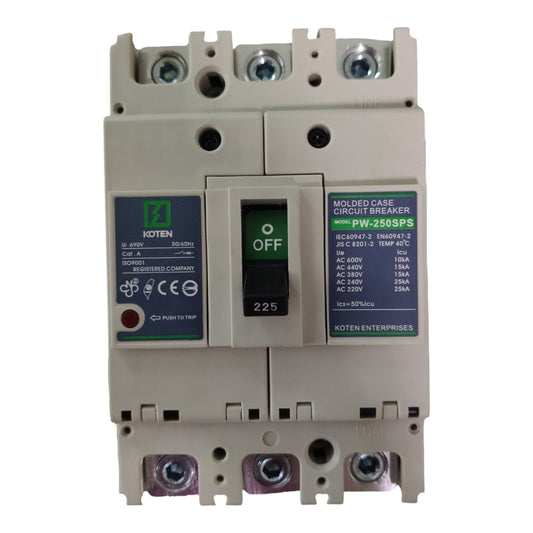 A Koten brand molded case circuit breaker, model PW-2683P5, shown against a plain white background. The unit is beige with a central black switch handle set to OFF, featuring green and blue labels with technical specifications.