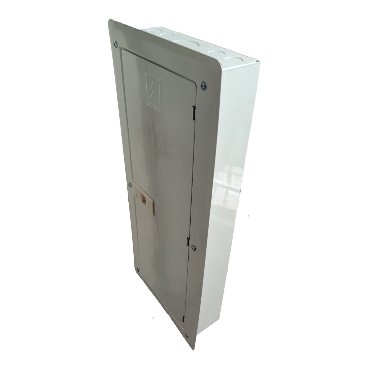 Metallic rectangular panel with a brand logo on a white background Koten 22 Branches Panel Board 2 Pole Main 2 Pole Branches for Miniature Circuit Breaker KTM1-2P22B Flush Type Mounting Metal Base Electx Electrical Supply