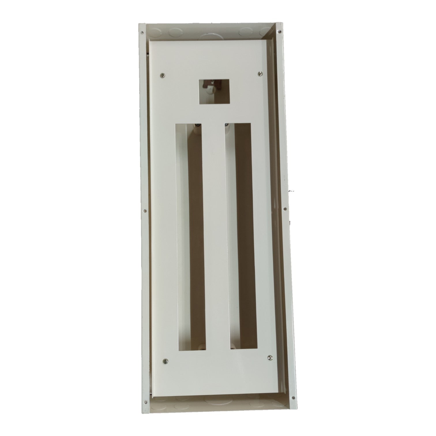 Metallic rectangular box with slits on a white background Koten 22 Branches Panel Board 2 Pole Main 2 Pole Branches for Miniature Circuit Breaker KTM1-2P22B Flush Type Mounting Metal Base Electx Electrical Supply