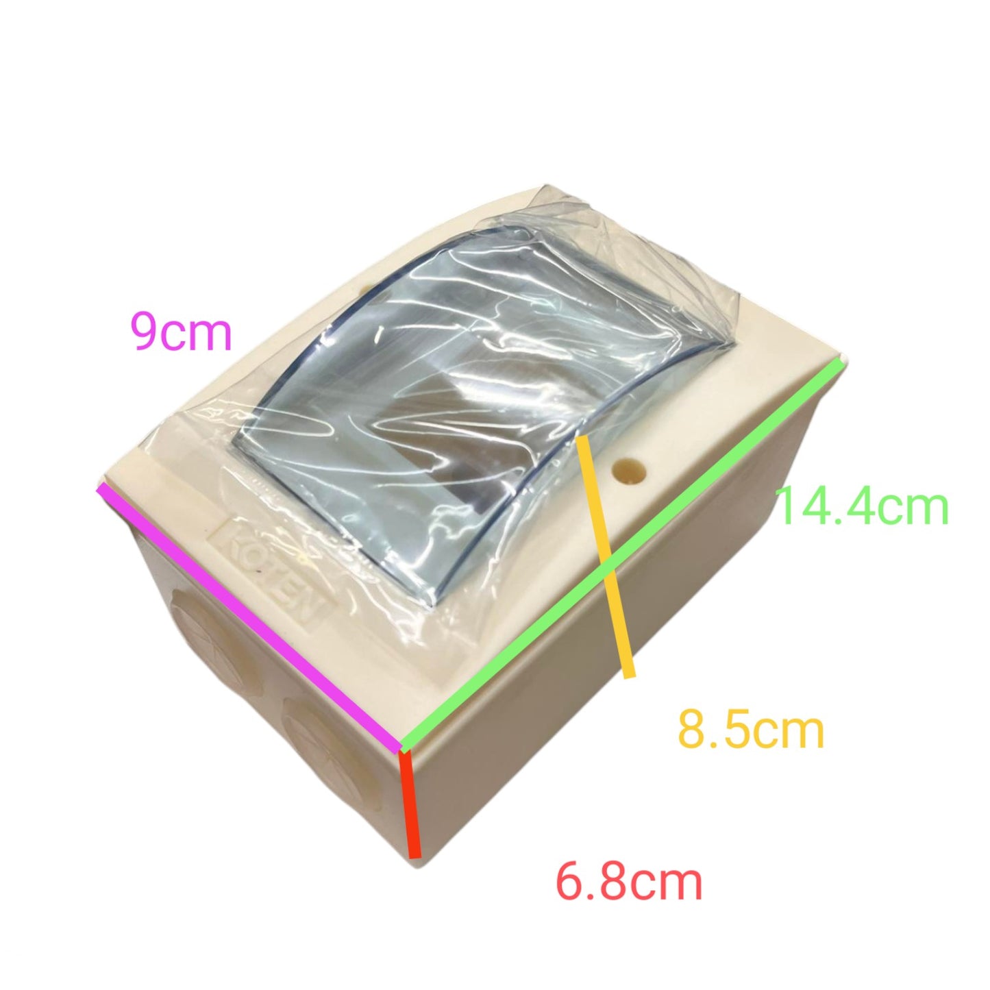 Measurement chart of a rectangular box with dimensions labeled on a white background
