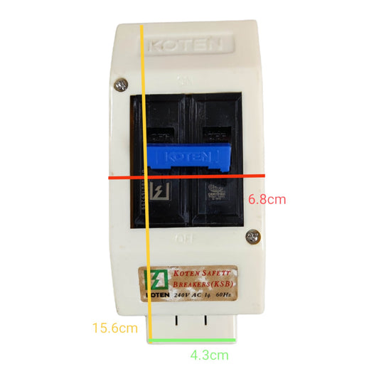 A Koten safety breaker (KSB) electrical component shown with dimension overlays indicating 15.6cm height, 6.