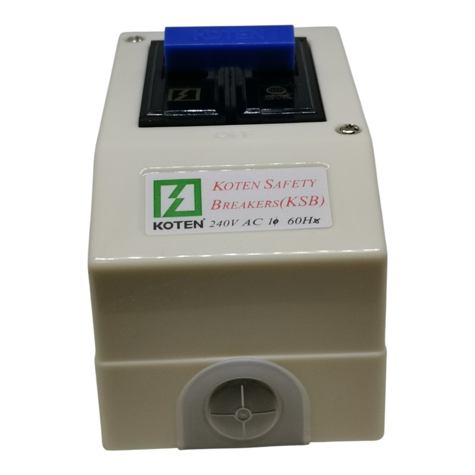 A Koten Safety Breakers (KSB) 240V AC 60Hz electrical safety device with a beige plastic housing, a blue top handle, and a white label on the front.