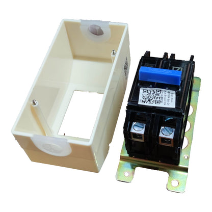 An electrical component kit featuring a black molded circuit breaker with a blue handle and a beige plastic enclosure box, shown on a white background.