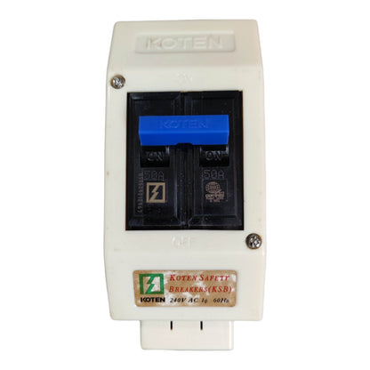 A Koten double-pole circuit breaker (KSB) 240V AC 60A, featuring a white plastic housing, a black internal breaker mechanism, and a blue switch handle.
