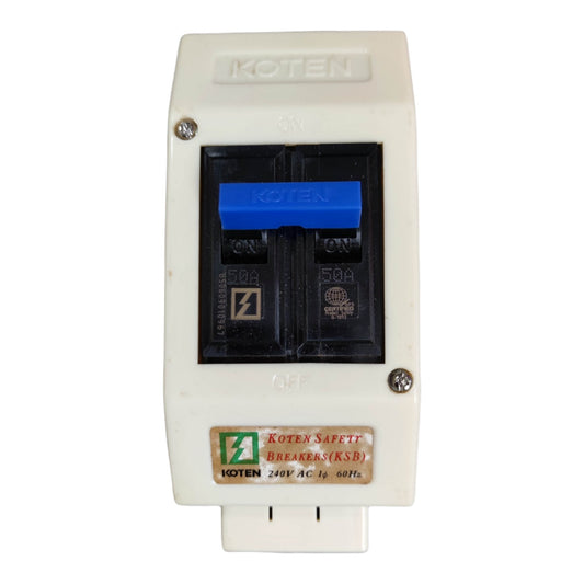A Koten double-pole circuit breaker (KSB) 240V AC 60A, featuring a white plastic housing, a black internal breaker mechanism, and a blue switch handle.