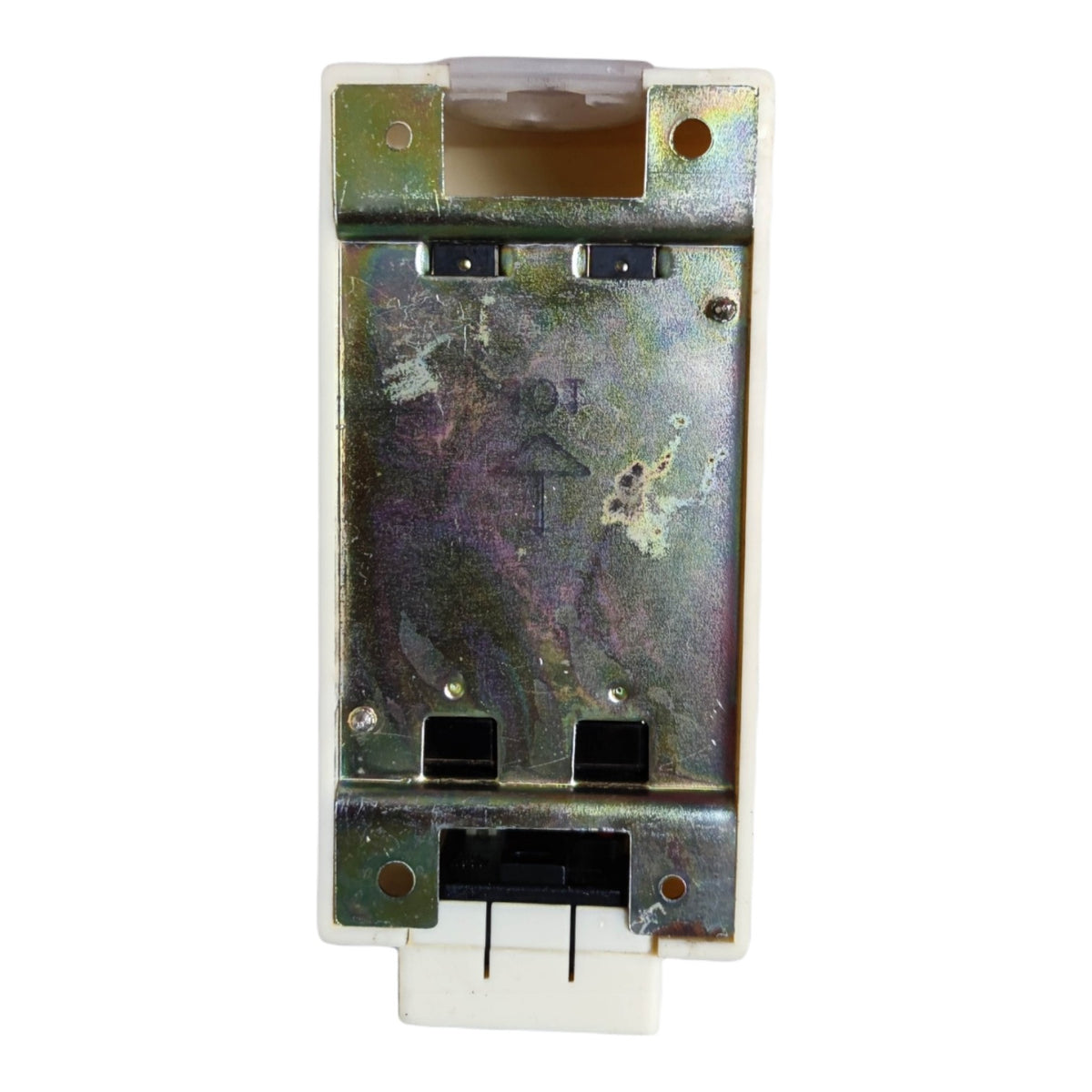 A metal electrical contactor or relay component with a white plastic terminal housing at the bottom, shown against a plain white background.