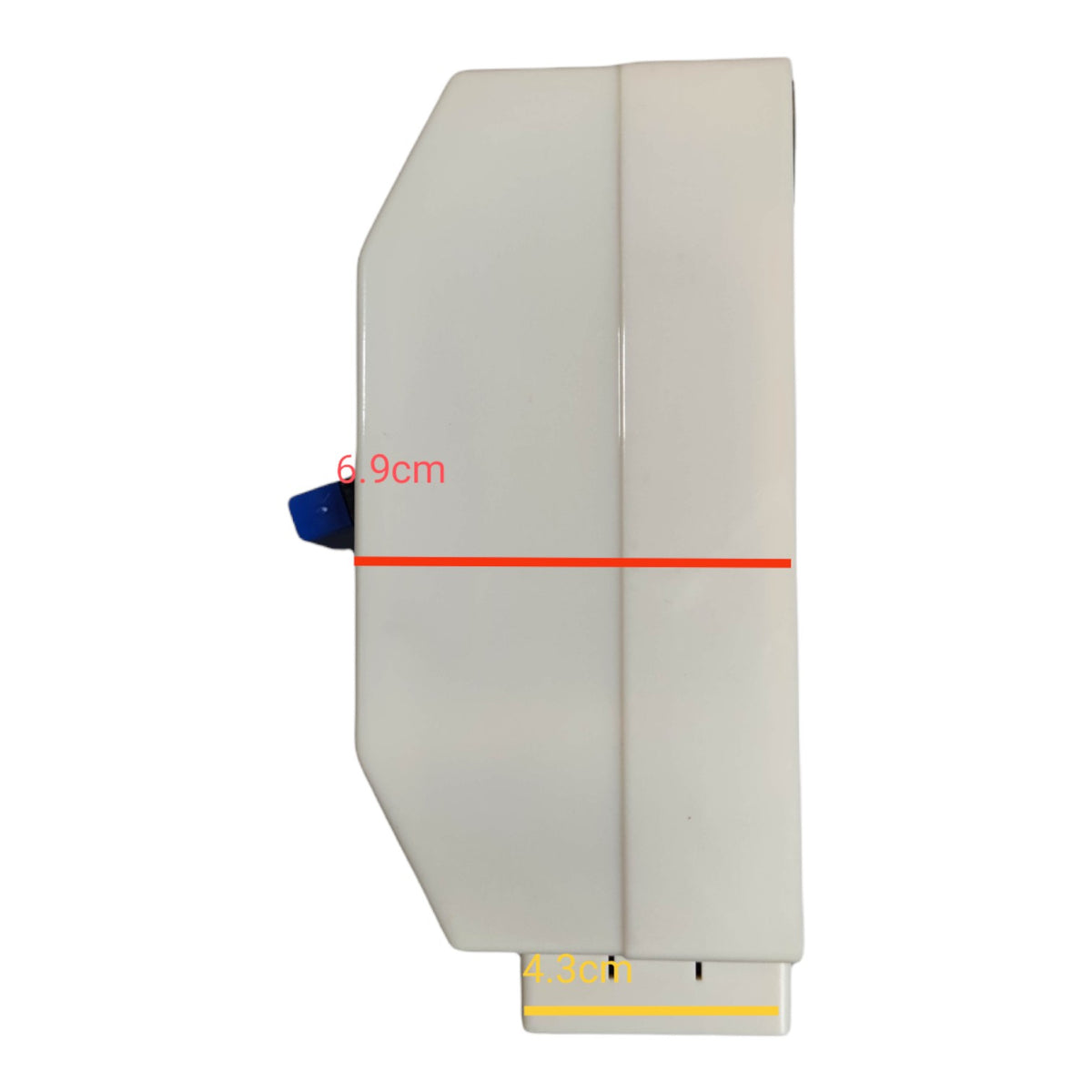 A white plastic wall-mounted dispenser or fixture shown on a plain white background, with red and yellow measurement lines and text indicating dimensions.