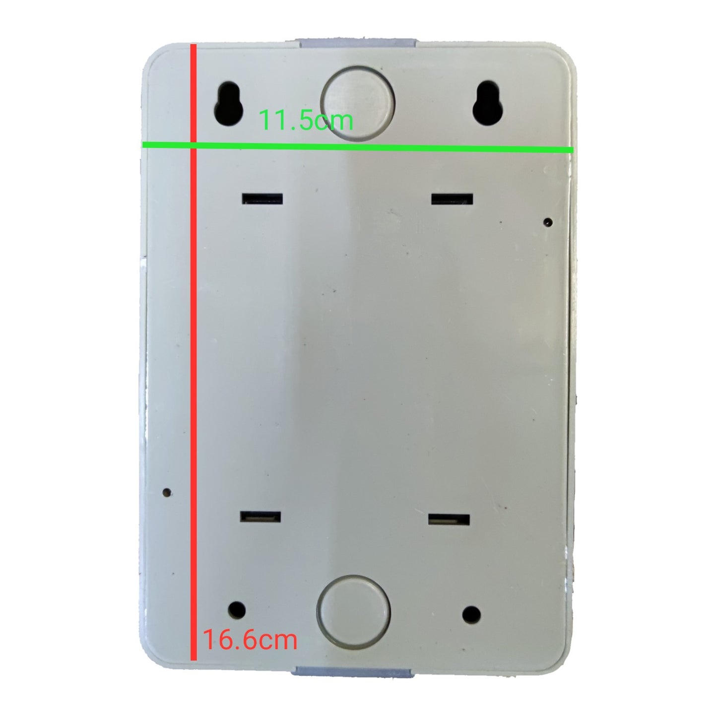 A white plastic mounting plate or backplate shown on a white background with overlaid dimension lines and measurements: 11.50 cm across the top and 16.