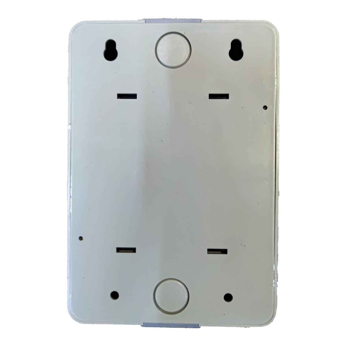 A white plastic mounting plate or backplate with pre-drilled holes and slots, shown against a plain white background.