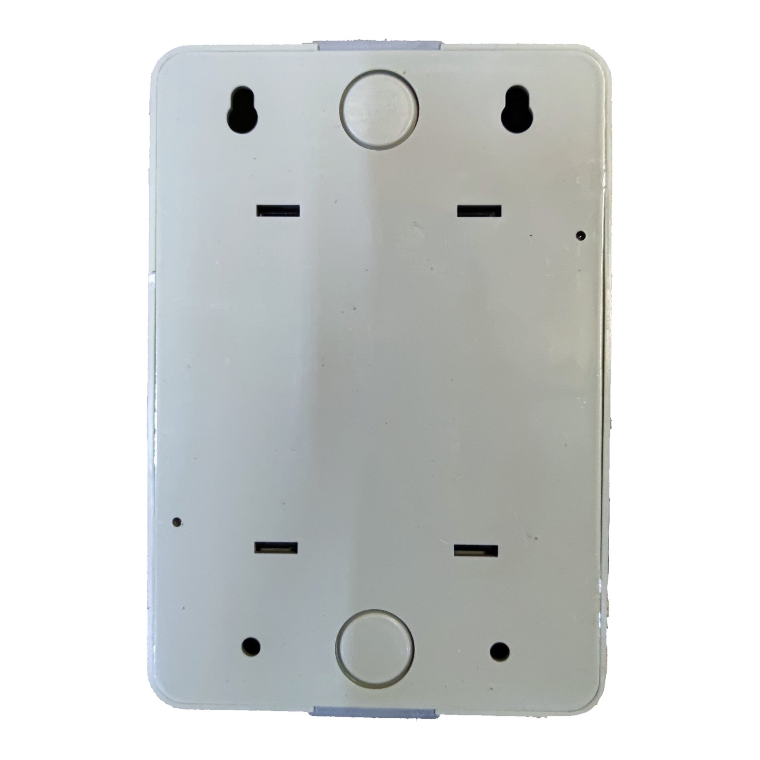 A white plastic mounting plate or backplate with pre-drilled holes and slots, shown against a plain white background.