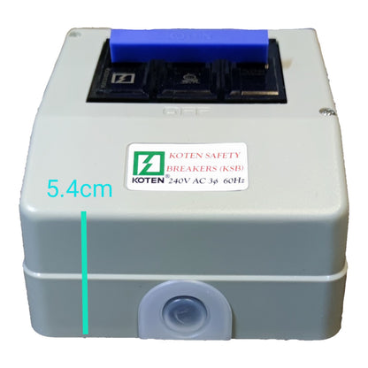 A Koten safety breaker (KSP) electrical component with a light gray plastic housing, a blue handle on top, and a white label with green and red text. A cyan measurement overlay indicates a height of 5.
