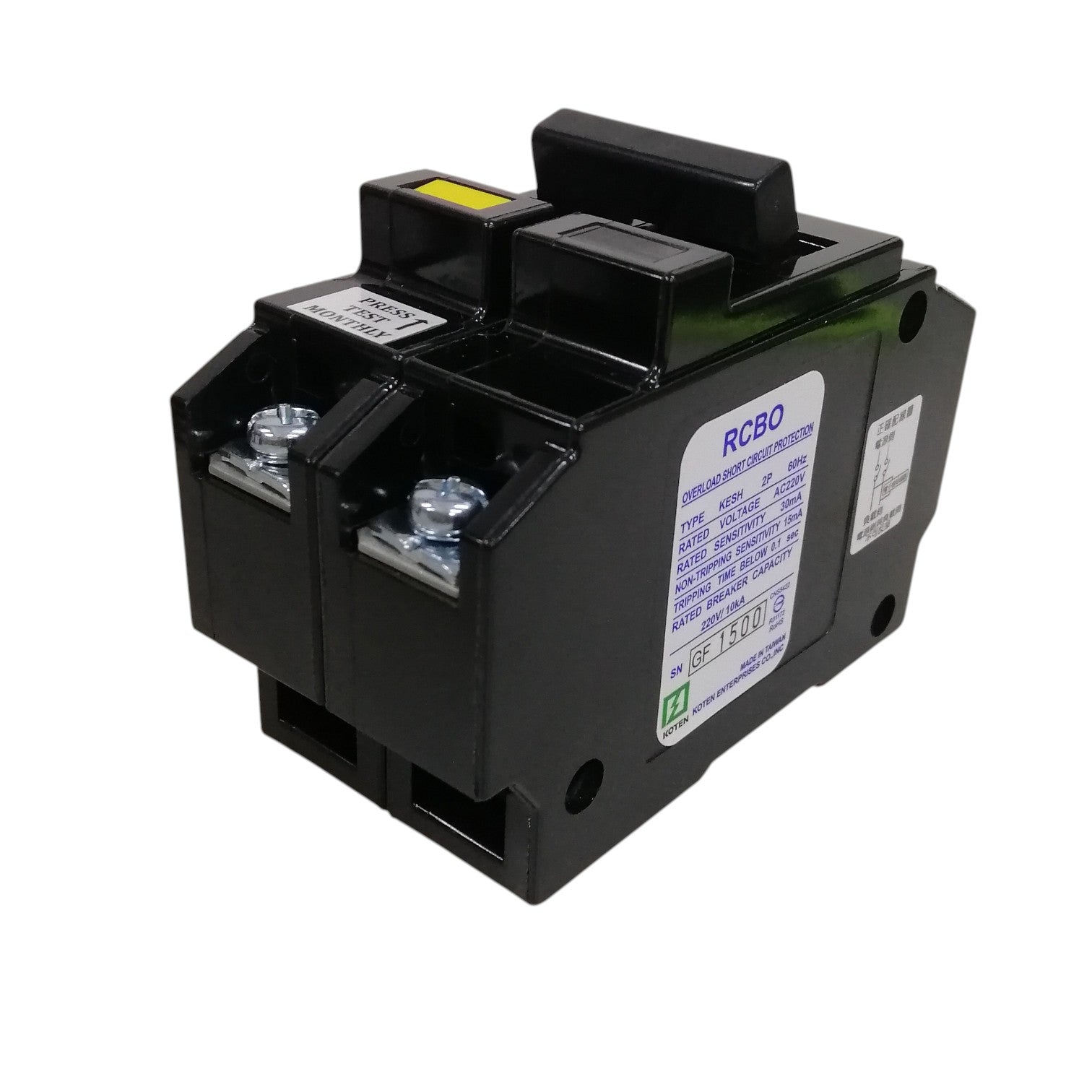 Koten RCBO 60A 2 Pole breaker black molded two pole RCBO with toggle switch and terminal screws