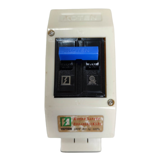 A Korten safety breaker (KS&B) 240V AC 60Hz, featuring a cream-colored plastic housing, a black internal mechanism, and a blue switch handle. The Korten brand is visible on the top casing, the breaker cover, and the lower label.