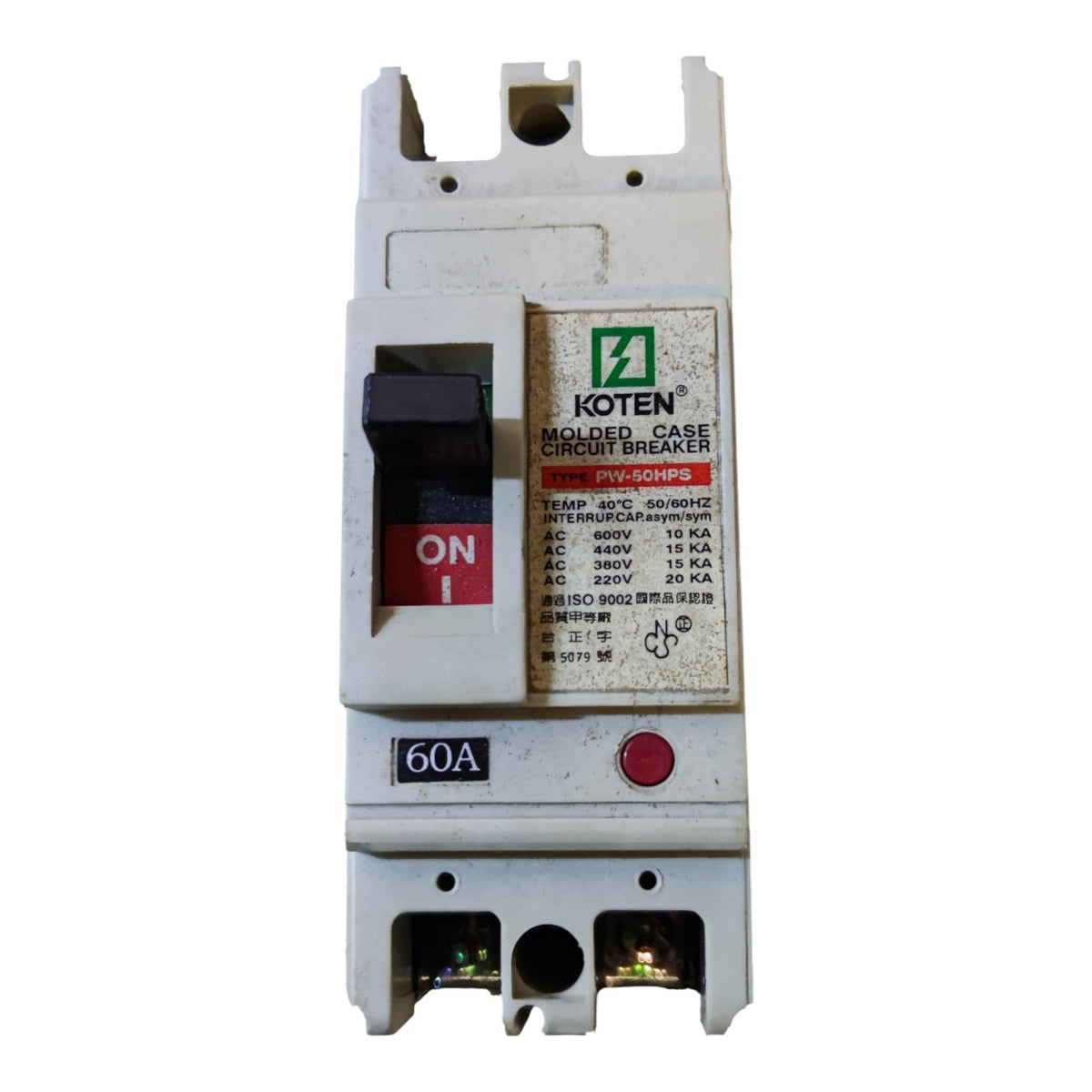 A Koten brand molded case circuit breaker, model PV-506MB, rated 60A, featuring a white plastic housing, a black switch handle, a red ON indicator, and a silver label with technical specifications.