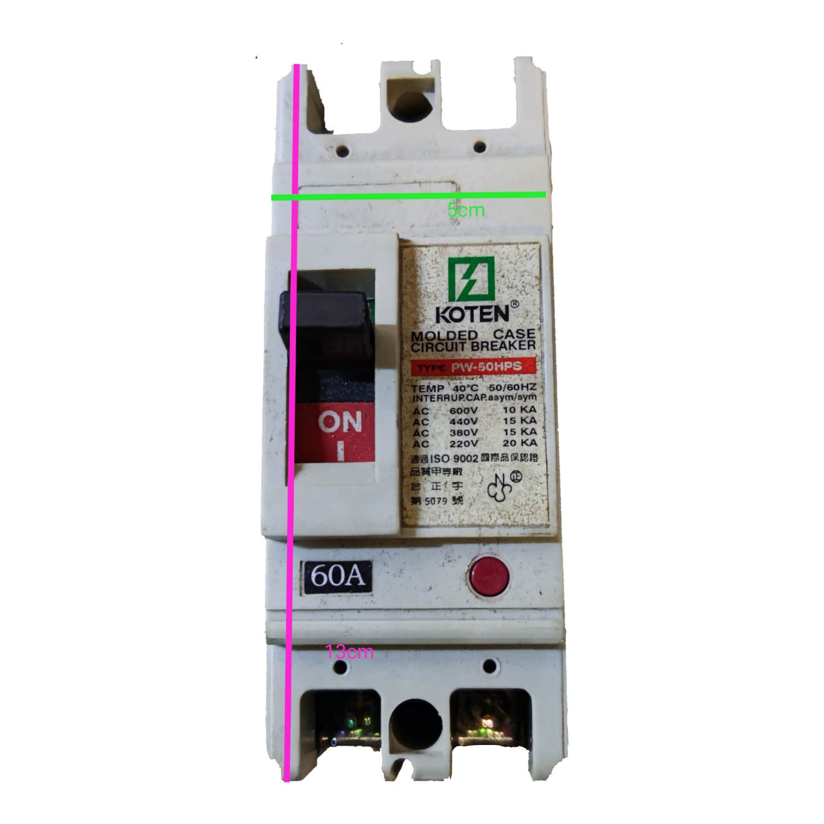 A KOTEN molded case circuit breaker, model PVF-60HDC, 60A, shown against a plain white background with pink and green dimension lines indicating its height and width.