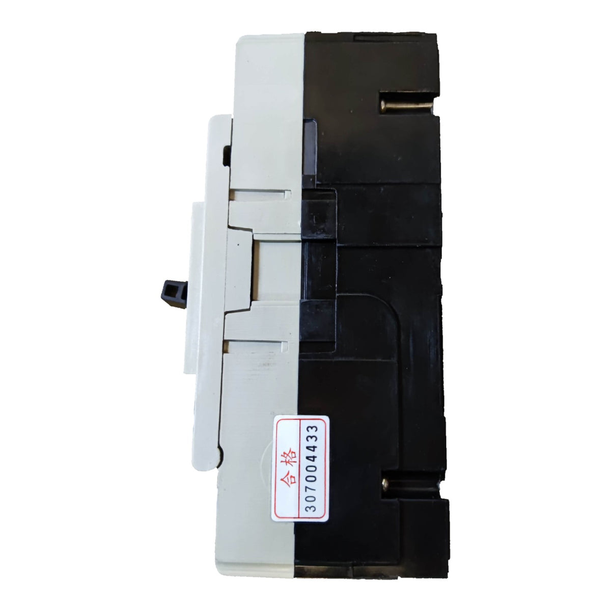 A black and white industrial electrical component or switch module with a small white label featuring Chinese text and a serial number, isolated on a white background.