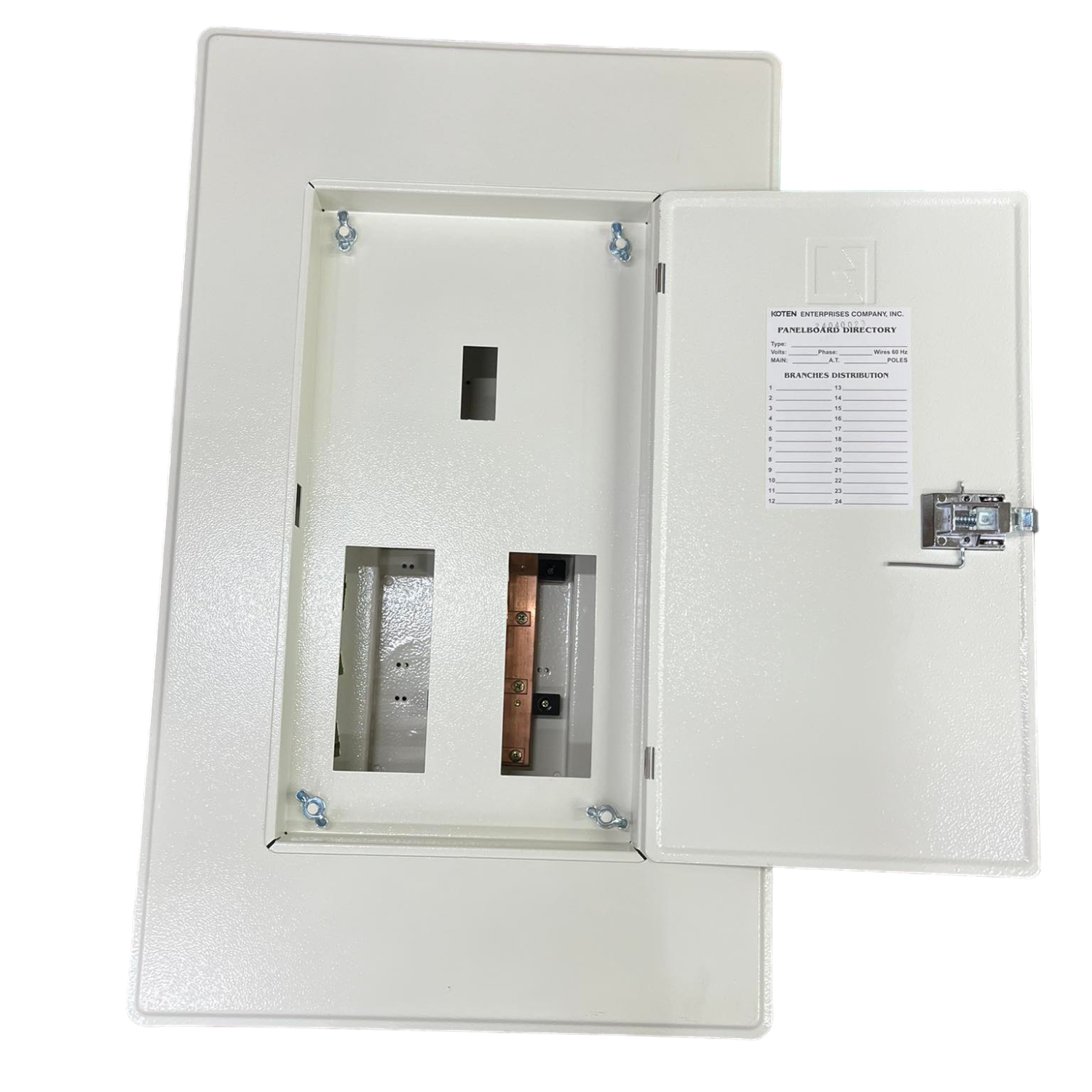Electrical panel box with open door on a white background Koten 6 Branches Panel Board Main 250AF 2 Pole for 2 Pole Bolt On Circuit Breaker PB250SP2P6B Electx Electrical Supply