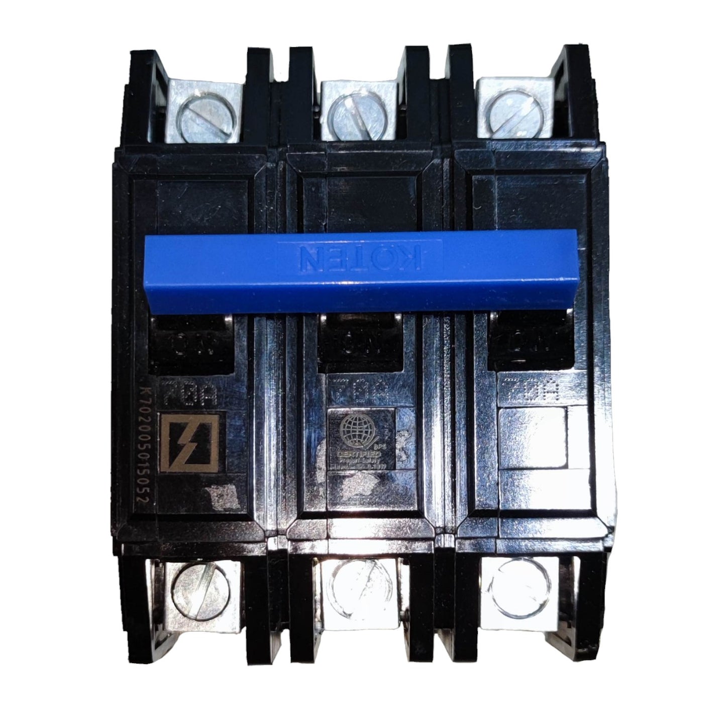 Electrical circuit breaker with blue handle on a white background Koten 70A 3Pole 10KAIC 220V Circuit Breaker 3 Phase Bolt On HPH3P70A For Safety Overload Electx Electrical SUpply