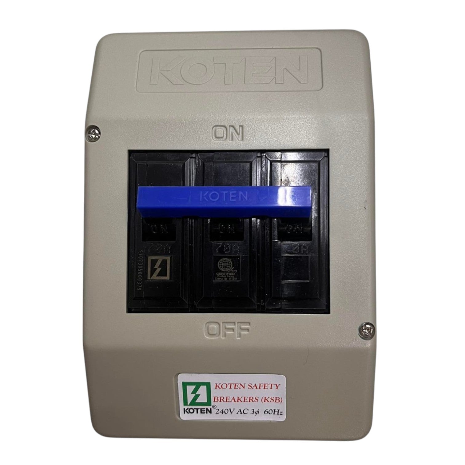 A Koten 3-pole circuit breaker switch in a beige plastic housing with a blue handle, shown against a plain white background.