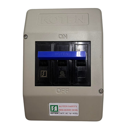A Koten 3-pole circuit breaker switch in a beige plastic housing with a blue handle, shown against a plain white background.