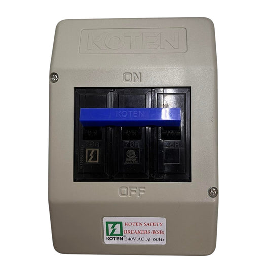A Koten 3-pole circuit breaker switch in a beige plastic housing with a blue handle, shown against a plain white background.