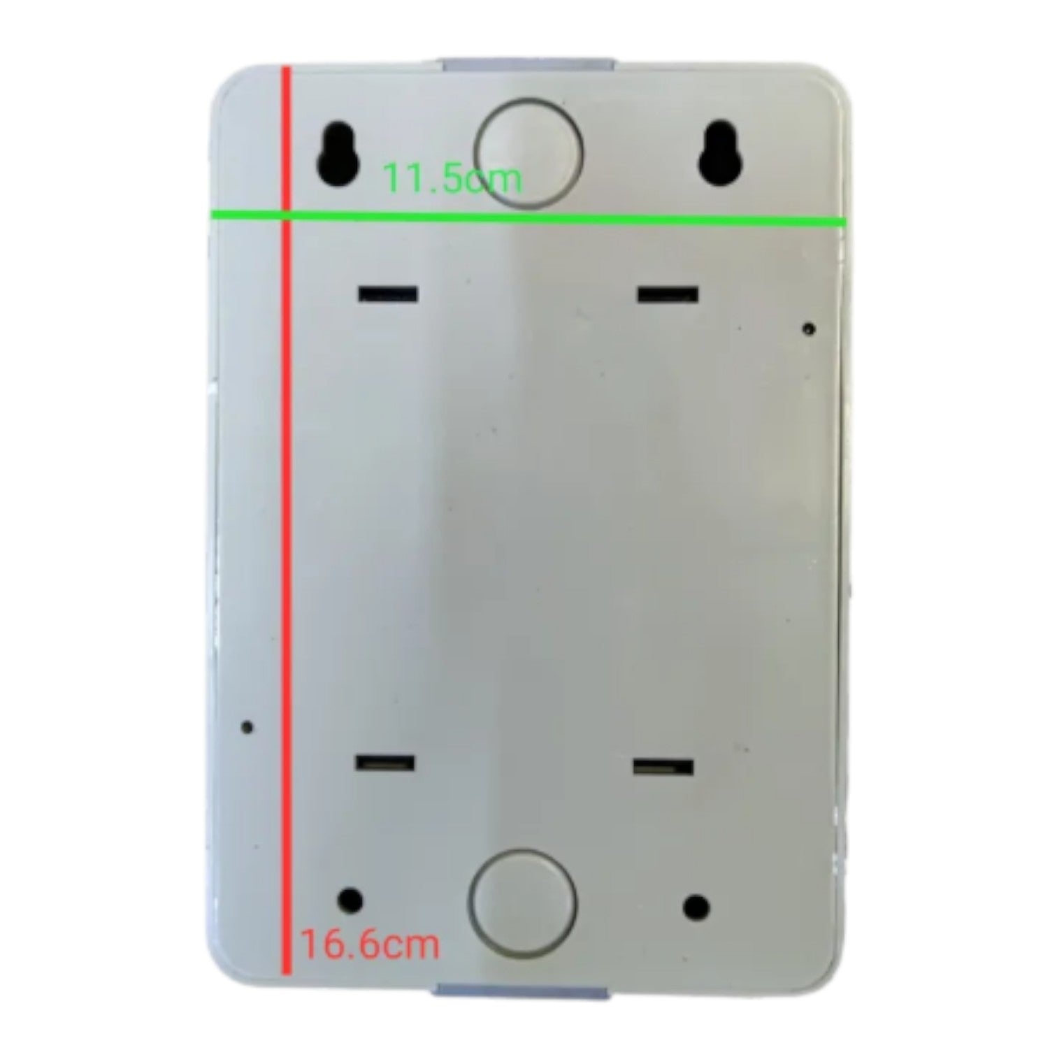 A white rectangular wall plate or mounting backplate shown on a white background with green and red measurement lines and dimensions labeled 11.50cm and 16.