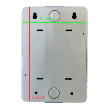 A white rectangular wall plate or mounting backplate shown on a white background with green and red measurement lines and dimensions labeled 11.50cm and 16.