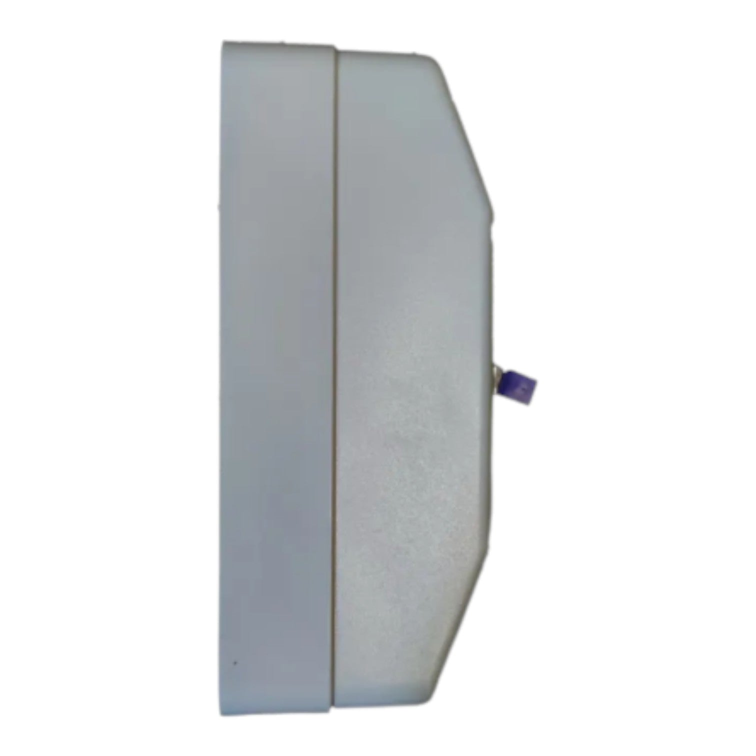 A white plastic wall-mounted dispenser or container with a small purple accent tab on the side, shown against a plain white background.