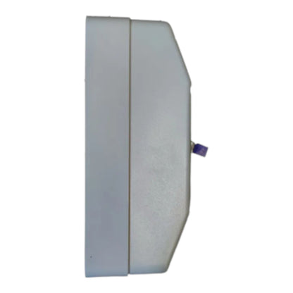 A white plastic wall-mounted dispenser or container with a small purple accent tab on the side, shown against a plain white background.